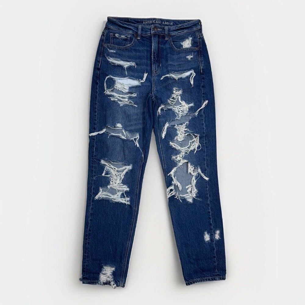 American Eagle Jeans Womens 2 Mom Destroyed Distress Blue Denim Measures 27 x 27